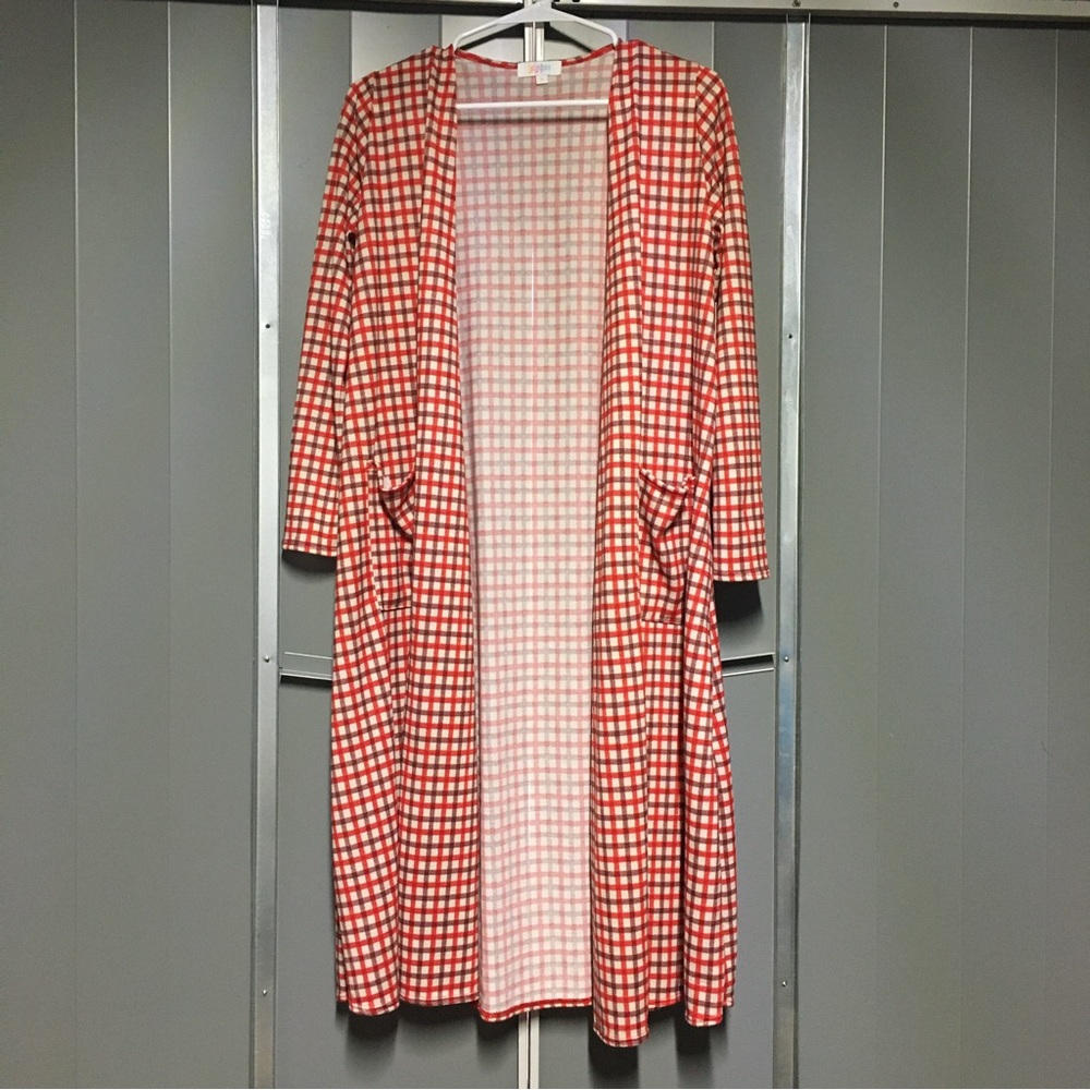 LULAROE Sarah Red Purple Plaid Cardigan Small NWT